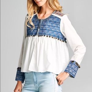 HP🎉Boho White Blue Embroidered Tie-Front Cardigan